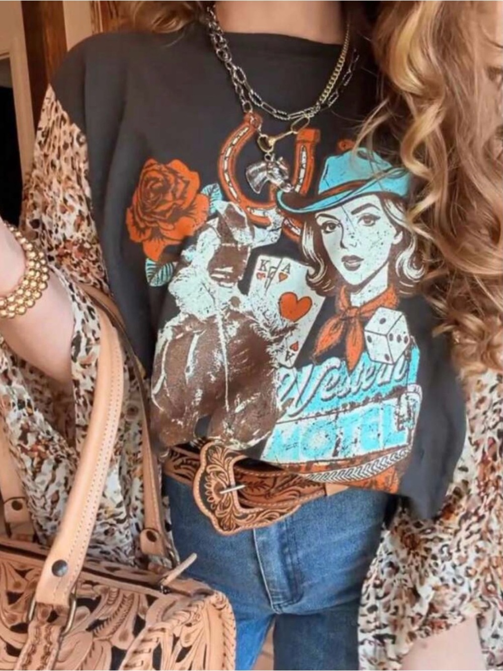 Boho cowgirl + western graphic print tee w/ animal print kimono batwing sleeves